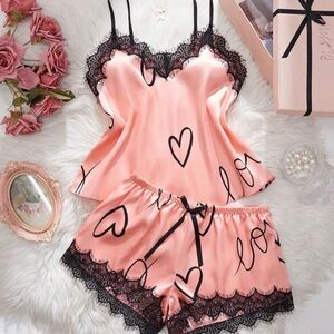 Pink Heart Print Lace Trim Sleepwear Set Size 8/10 Large
